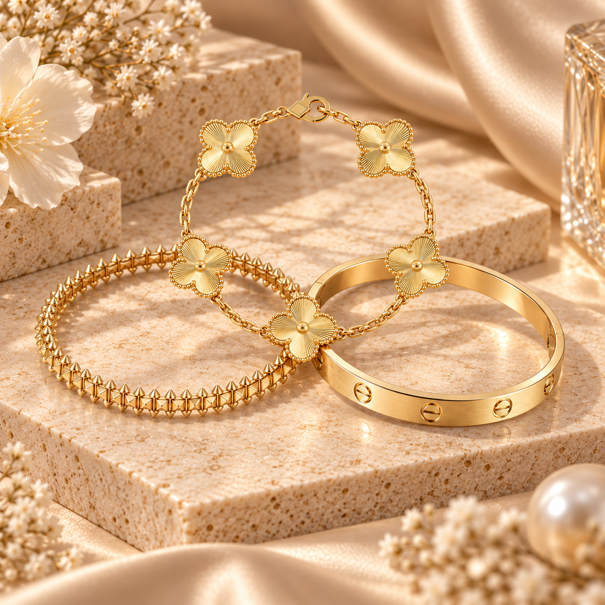 [Lora] CLASH & Clover Laser 5-Motif & LOVE Brushed Bracelet Stack Set