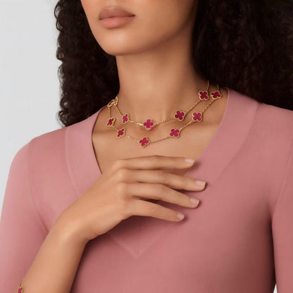 [Lora]Clover Pink Enamel Necklace & Earring Jewelry Set