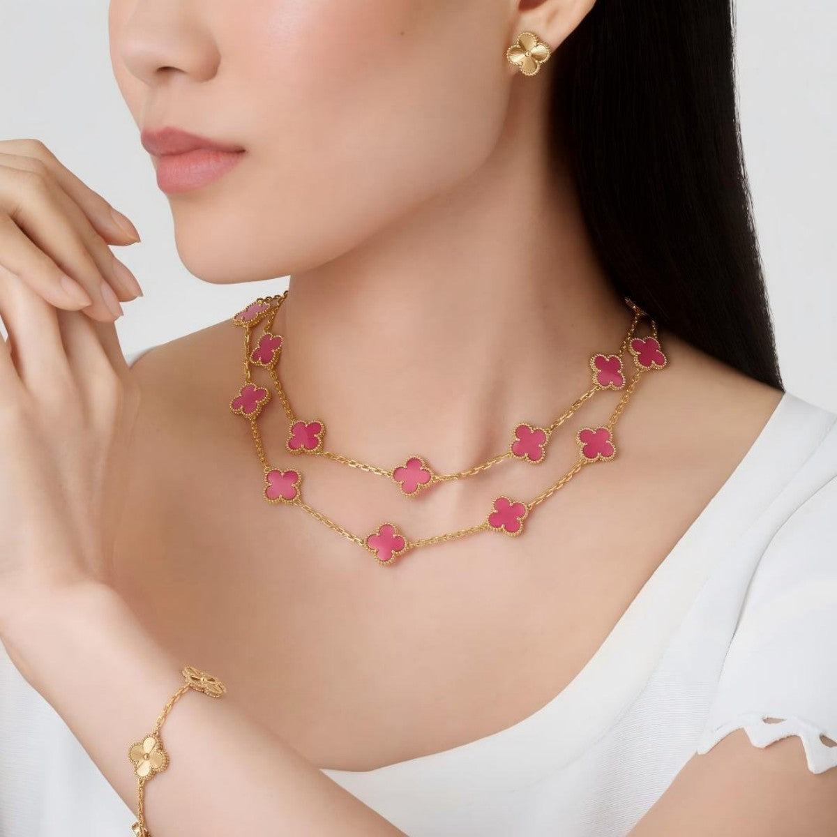 [Lora]Clover Pink Enamel Necklace & Earring Jewelry Set