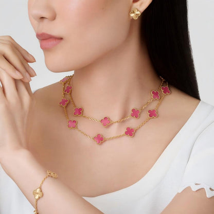 [Lora]Clover Pink Enamel Necklace & Earring Jewelry Set