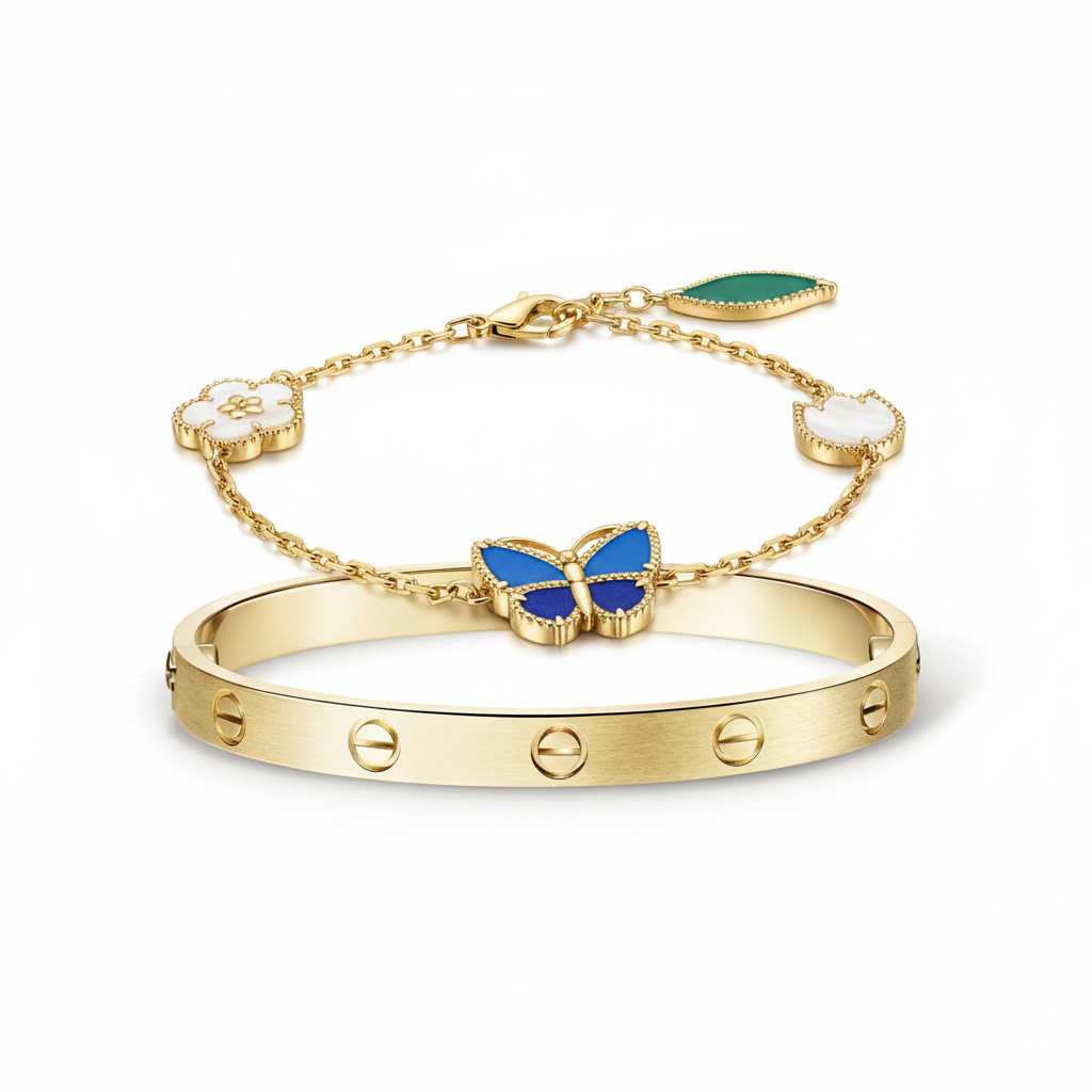 [Lora] LOVE Brushed & Lucky Spring Butterfly 5-Motif Bracelet Stack Set