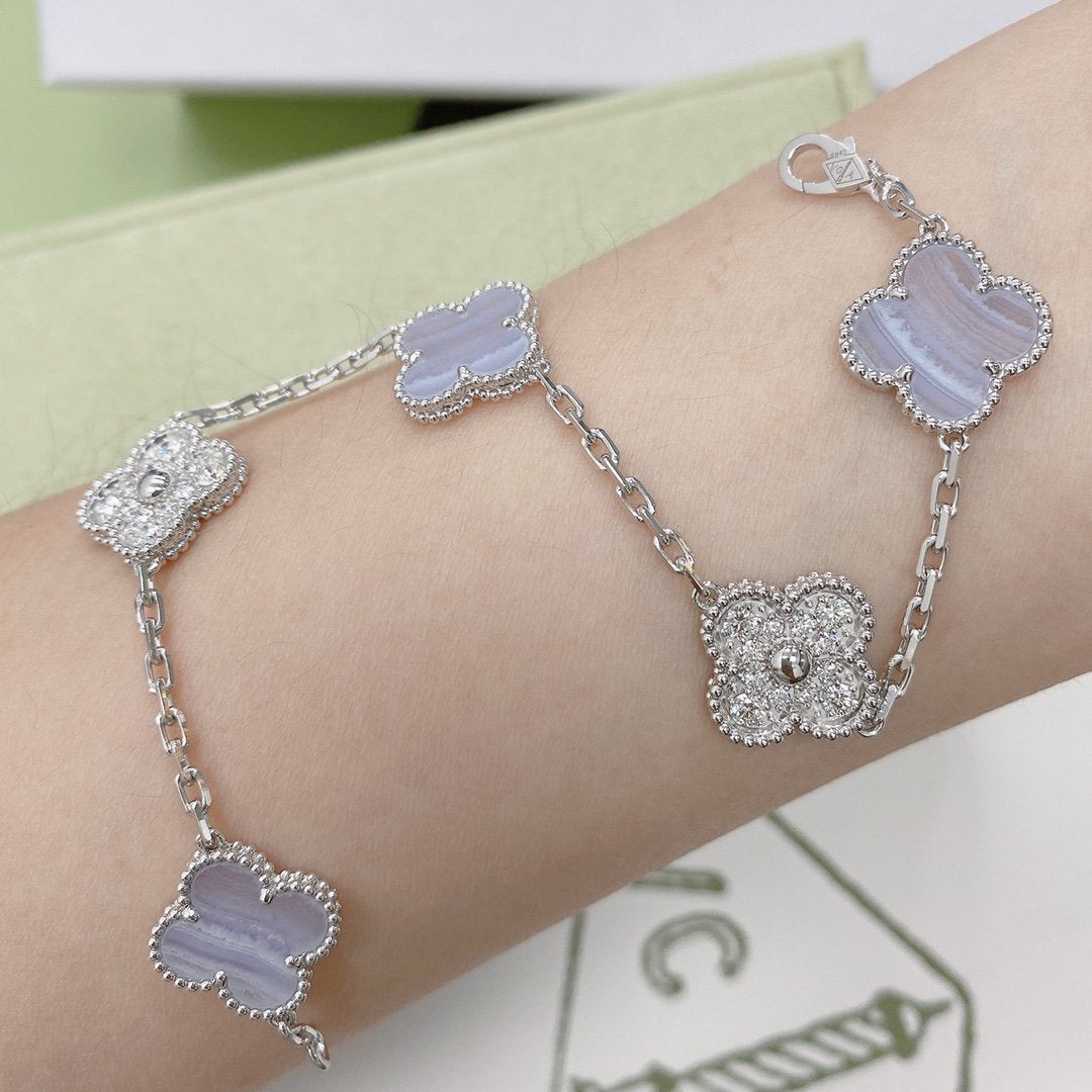 [LORA]CLOVER  5 MOTIF DIAMOND PURPLE CHALCEDONY BRACELET SILVER