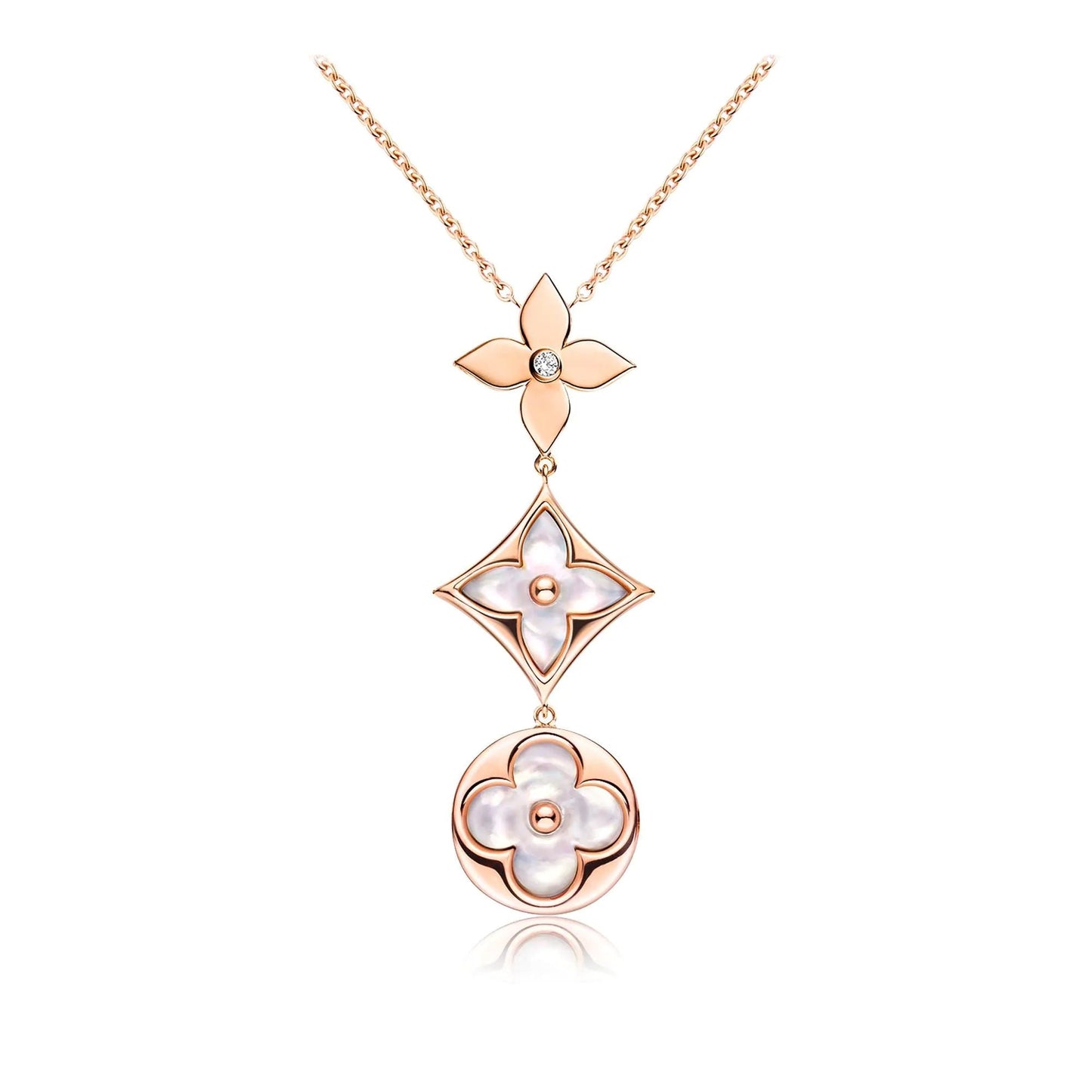[LORA]COLOR BLOSSOM LARIAT NECKLACE PINK GOLD WHITE MOTHER PEARL AND DIAMOND