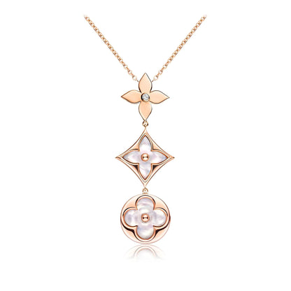 [LORA]COLOR BLOSSOM LARIAT NECKLACE PINK GOLD WHITE MOTHER PEARL AND DIAMOND
