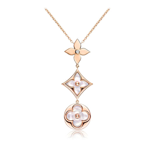 [LORA]COLOR BLOSSOM LARIAT NECKLACE PINK GOLD WHITE MOTHER PEARL AND DIAMOND