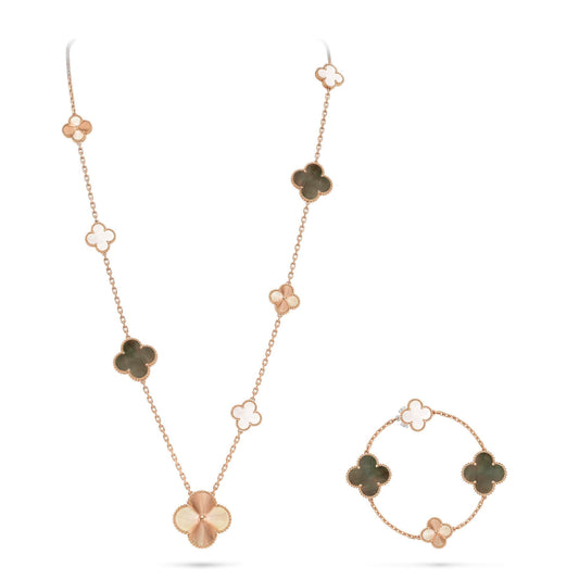 [Lora]DETACHABLE CLOVER 15(11+4) FLOWER ROSE GOLD NECKLACE SET
