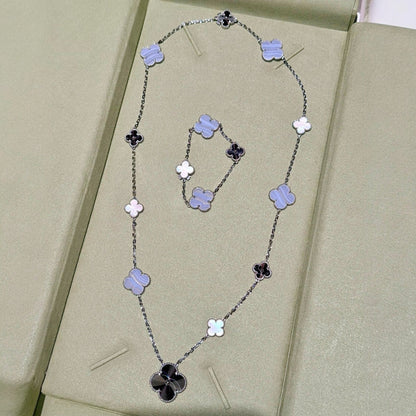 [Lora]DETACHABLE CLOVER 15(11+4) FLOWER SILVER NECKLACE SET