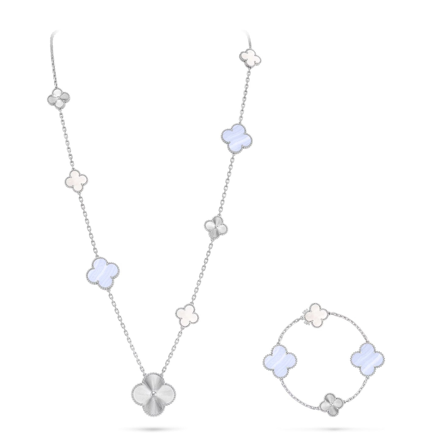 [Lora]DETACHABLE CLOVER 15(11+4) FLOWER SILVER NECKLACE SET