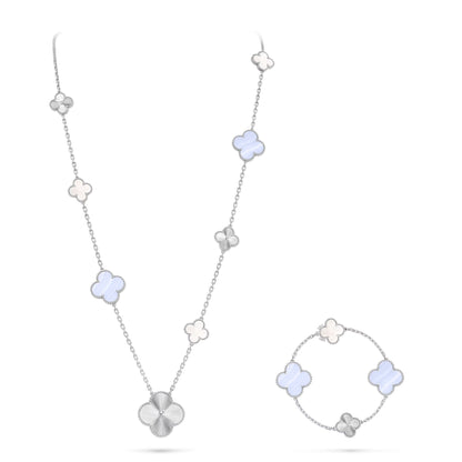 [Lora]DETACHABLE CLOVER 15(11+4) FLOWER SILVER NECKLACE SET