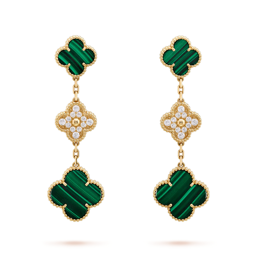 [LORA]CLOVER EARRINGS GOLD MALACHITE DIAMOND 3 MOTIF