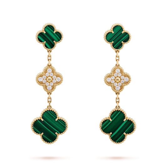[LORA]CLOVER EARRINGS GOLD MALACHITE DIAMOND 3 MOTIF