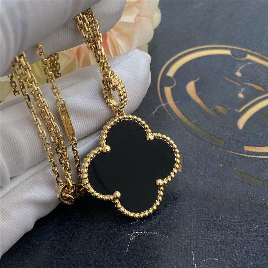 [LORA]CLOVER 25MM GOLD ONYX BIG CLOVER NECKLACE
