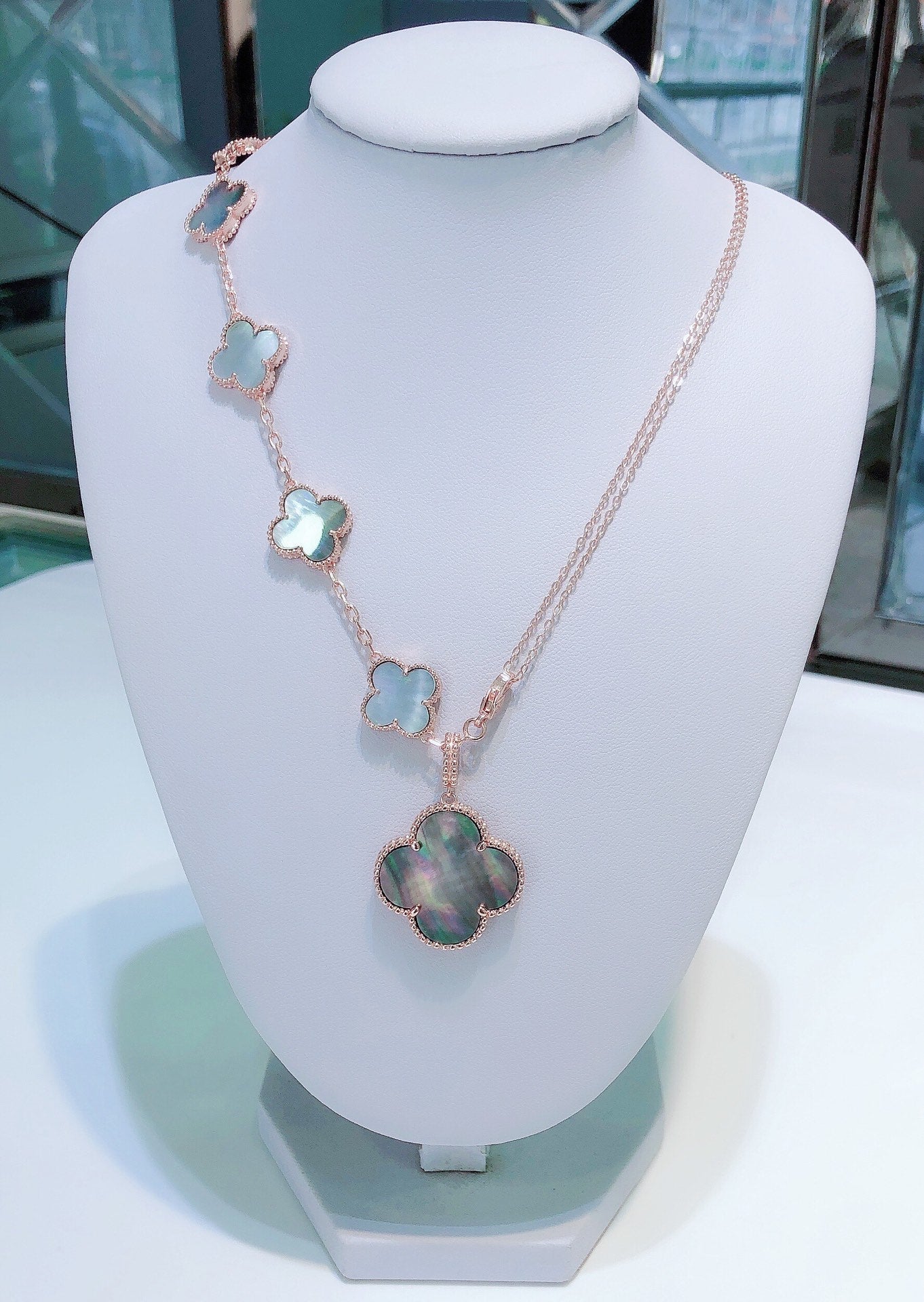 [LORA]COMBINED BRACELET 5 MOTIFS AND NECKLACE DARK MOP ROSE GOLD