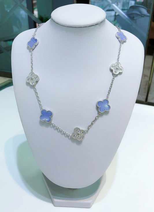 [LORA]CLOVER 10 MOTIFS CHALCEDONY DIAMONDS SILVER NECKLACE