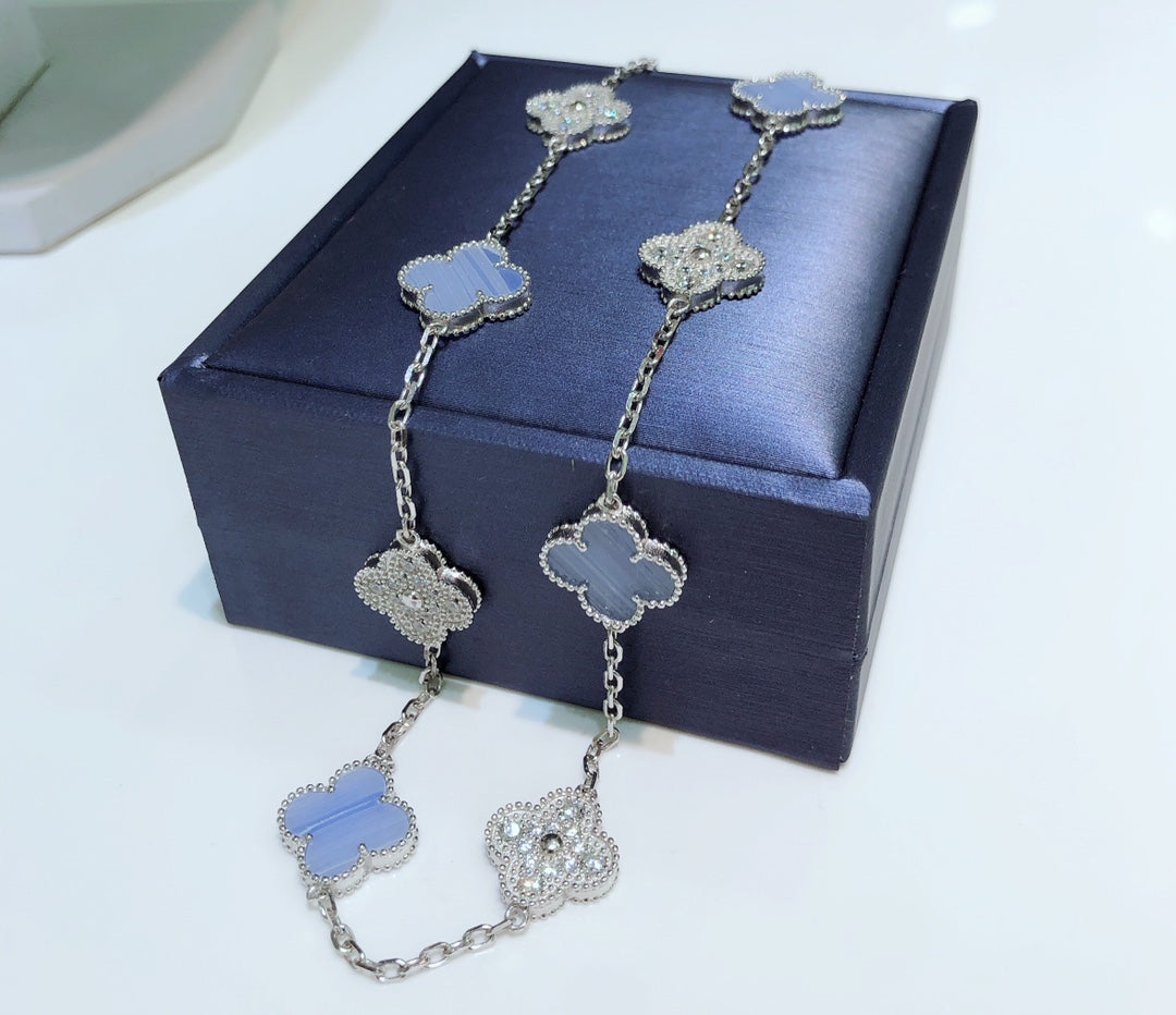 [LORA]CLOVER 10 MOTIFS CHALCEDONY DIAMONDS SILVER NECKLACE