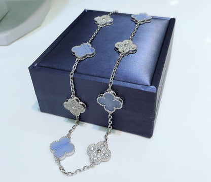 [LORA]CLOVER 10 MOTIFS CHALCEDONY DIAMONDS SILVER NECKLACE