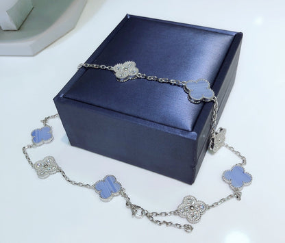 [LORA]CLOVER 10 MOTIFS CHALCEDONY DIAMONDS SILVER NECKLACE