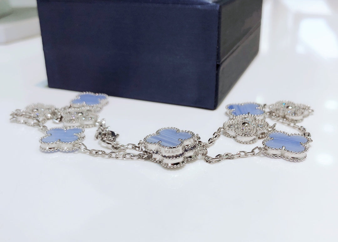 [LORA]CLOVER 10 MOTIFS CHALCEDONY DIAMONDS SILVER NECKLACE