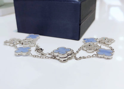[LORA]CLOVER 10 MOTIFS CHALCEDONY DIAMONDS SILVER NECKLACE