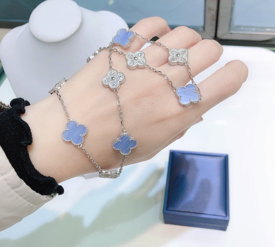 [LORA]CLOVER 10 MOTIFS CHALCEDONY DIAMONDS SILVER NECKLACE