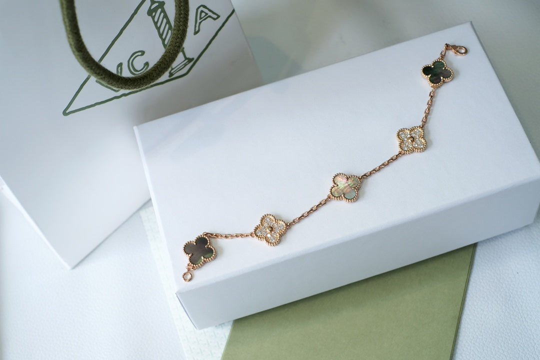 [LORA]CLOVER 5 MOTIFS DARK MOP AND DIAMONDS PINK GOLD BRACELET