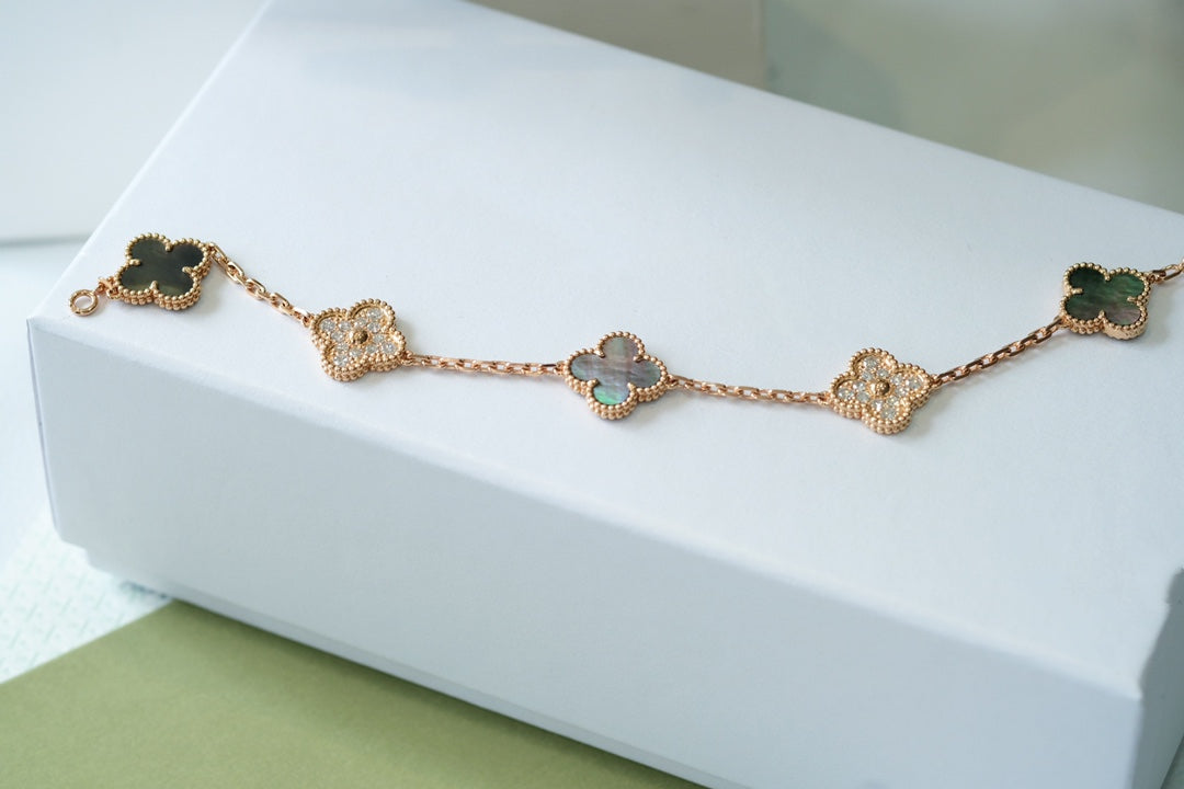 [LORA]CLOVER 5 MOTIFS DARK MOP AND DIAMONDS PINK GOLD BRACELET