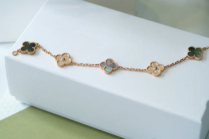 [LORA]CLOVER 5 MOTIFS DARK MOP AND DIAMONDS PINK GOLD BRACELET
