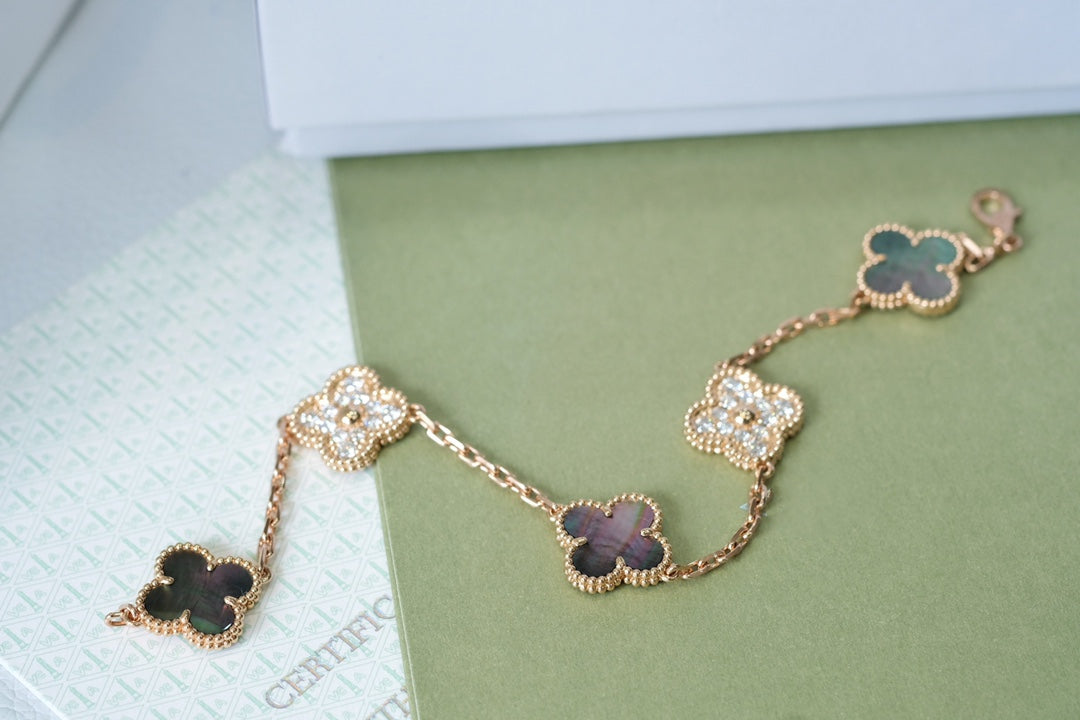 [LORA]CLOVER 5 MOTIFS DARK MOP AND DIAMONDS PINK GOLD BRACELET