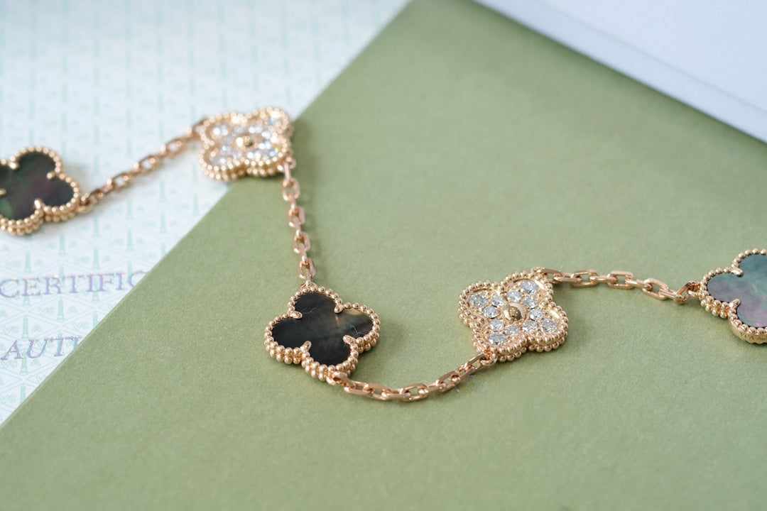 [LORA]CLOVER 5 MOTIFS DARK MOP AND DIAMONDS PINK GOLD BRACELET