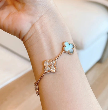 [LORA]CLOVER 5 MOTIFS DARK MOP AND DIAMONDS PINK GOLD BRACELET
