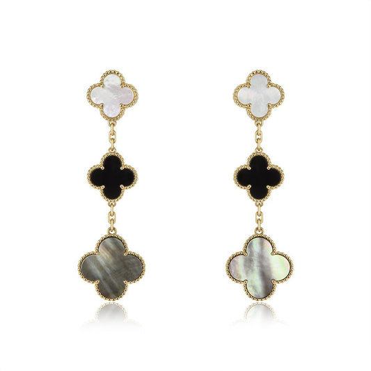 [LORA]CLOVER EARRINGS GOLD ONYX MOP 3 MOTIF